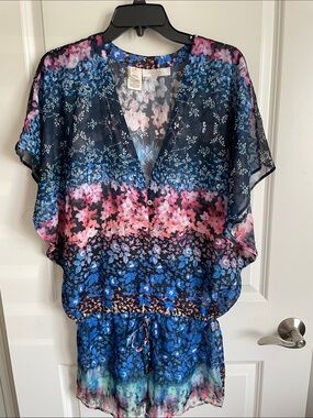 Rachel Roy Floral Semi Sheer Romper Coverup in Navy, Pink & Blue